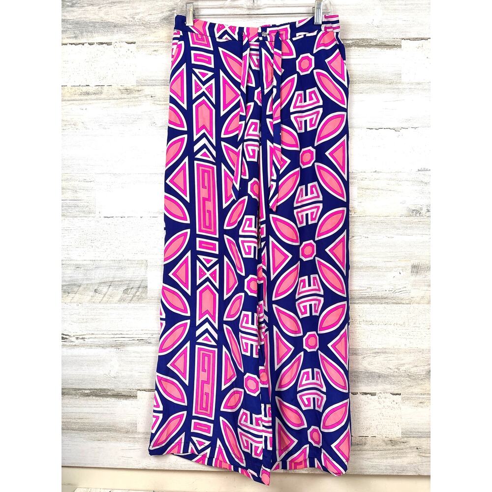 Lice & Trixie Womens S Navy Pink 100% Silk Wide Leg Boho Ankle Pants NEW
